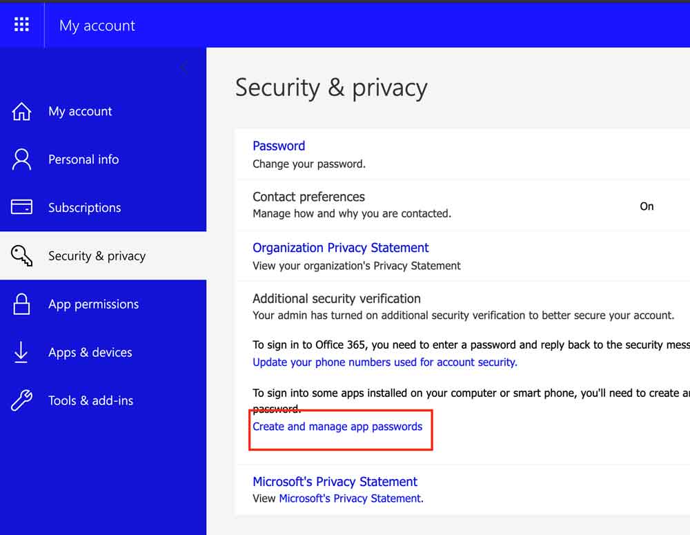Choose Create and manage app passwords.