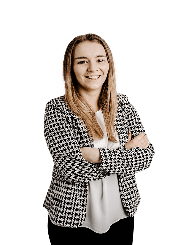 Media and Comms case study, female student. blonde hair. Black and white jacket 